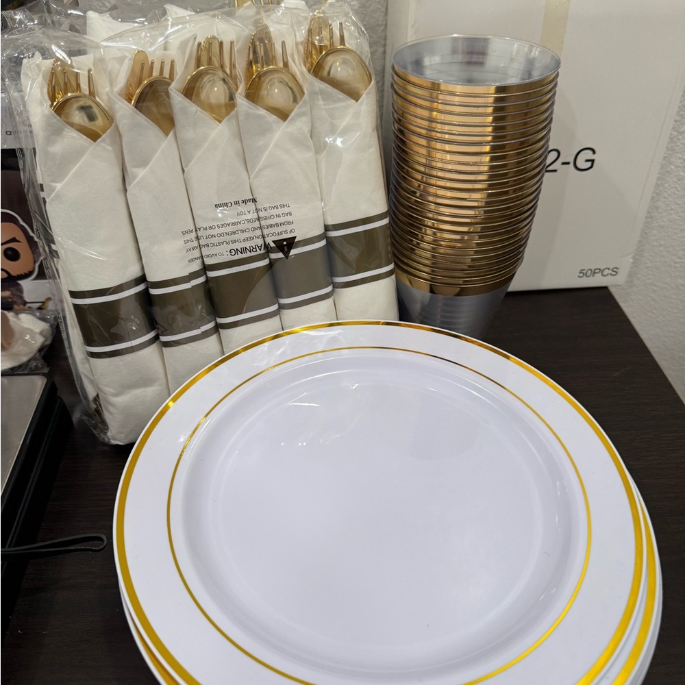 Plastic Party Set Gold and White Plates Utensils Cups